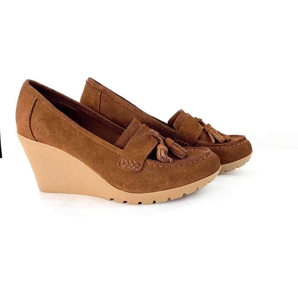 MIA Women Shoes Suede High Wedge Brown Slip On Tassel Sz 9.5